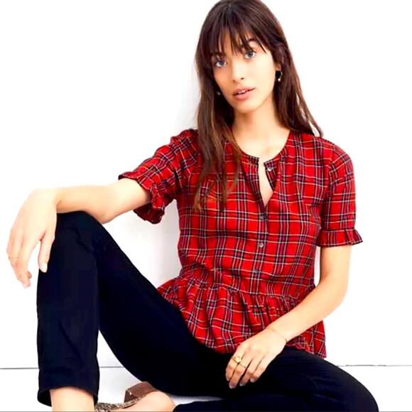 Madewell Studio Ruffled Hem Holiday Top in Clanton Plaid - Picture 1 of 8